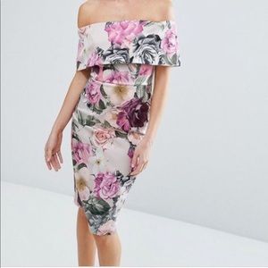 Floral Deep Fold Bardot Midi Dress